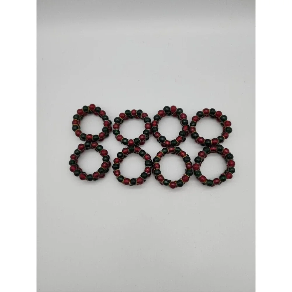Kemp & Beatly set of 8 Christmas Red & Green Glass Beaded Napkin Ring Holders